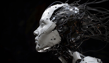 An artificial intelligence robot cyborg woman with machine parts integrated into her face, set against a black background. Concept of future technology and advancements in artificial intelligence. - obrazy, fototapety, plakaty