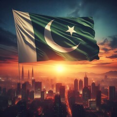 Realistic illustration of a fluttering pakistani flag at sunset for pakistan day. - obrazy, fototapety, plakaty