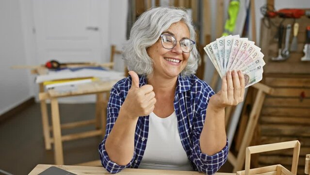 Joyful grey-haired middle-aged woman shows approval of carpentry with zloty banknotes in hand, giving a thumbs-up in cheerful expression