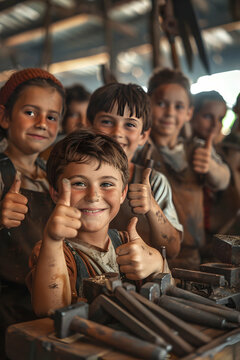 Group of children doing their dream job as Blacksmiths standing inside the blacksmith workshop. Concept of Creativity, Happiness, Dream come true and Teamwork.