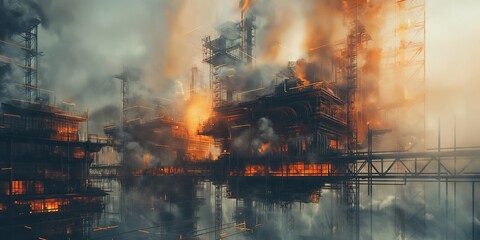 Double exposure welding in a factory setting at a platform, power house, or oil refinery plant.  - obrazy, fototapety, plakaty