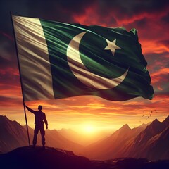 Realistic illustration of a fluttering pakistani flag at sunset for pakistan day.