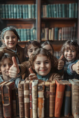 Group of children smiling, having thumbs up doing their dream job as Historians in the archives. Concept of Creativity, Happiness, Dream come true and Teamwork.