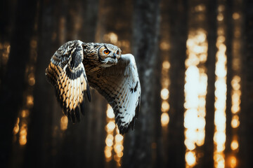 Bengal eagle owl (Bubo bengalensis) flaying in the forest