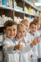 Group of children doing their dream job as Pharmacists at the Pharmacy. Concept of Creativity, Happiness, Dream come true and Teamwork.