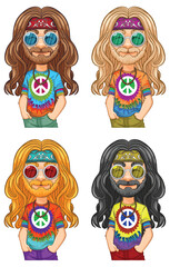 Four hippie characters with vibrant tie-dye shirts and sunglasses.