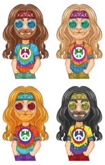 Zelfklevend Fotobehang Four hippie characters with vibrant tie-dye shirts and sunglasses. © GraphicsRF