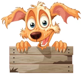 Gordijnen Cartoon dog with big eyes over a fence. © GraphicsRF