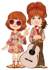 Gordijnen Cartoon children in retro outfits with musical theme. © GraphicsRF