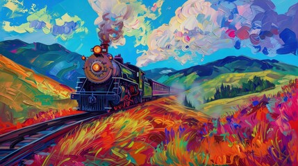 Obraz do powieszenia na ścienę o pociągu na torze wśród kolorowych dolin - obrazy, fototapety, plakaty