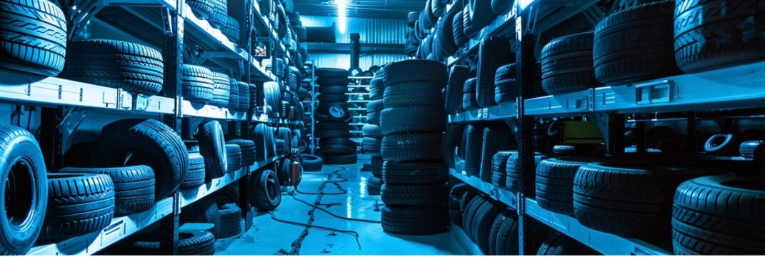 Tire-tastic A Blue-lit Warehouse of Tires Generative AI