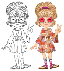 Poster Cartoon girl in hippie attire showing peace sign. © GraphicsRF