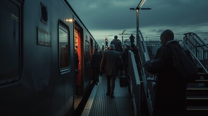 Grupa ludzi wsiada do pociągu w nocy - obrazy, fototapety, plakaty