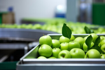 Fresh Green Apples on Conveyor Belt in Food Processing Plant
