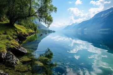 Serene Lakeside Scenery with Reflective Clear Waters