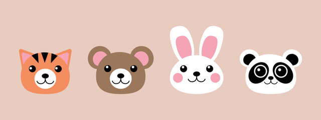 Set of cute kawaii animals avatars for icon, stickers. Cat, bear, bunny, panda character in flat style. Vector illustration