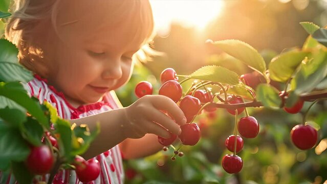 A Caucasian female toddler picking raspberries in slow motion as the sunset flares in the background