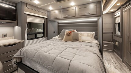 A motorhome bedroom with a comfortable queen-size bed and a built-in wardrobe