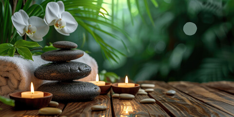 spa background with stones, towel, and candle on wooden table 