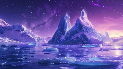 Rolgordijnen Purple Icebergs and the Northern Lights A Stunning Nighttime Scene Generative AI © Riya