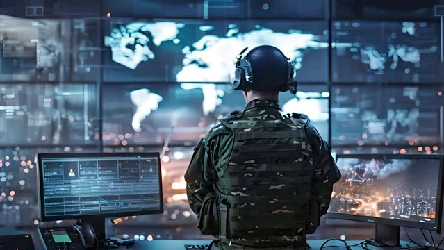 Command and Control: Army Officer Oversees Secret Military Spying Operation in Surveillance Center. Watching Monitor CCTV