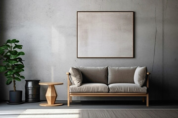 Contemporary living room ambiance with wooden furniture and mock-up poster frame on textured concrete wall.