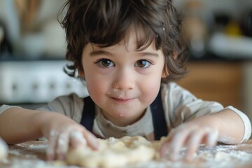 A small boy with dark hair and almond-shaped eyes carefully shaping dough into perfect circles with his tiny hands - obrazy, fototapety, plakaty