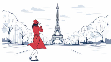 Tourist girl taking photo of Eiffel tower in Paris