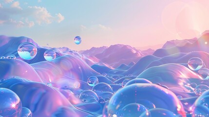 A vibrant landscape illustrating a digital world concept, depicted in a highly detailed 3D render with blue chat bubbles.