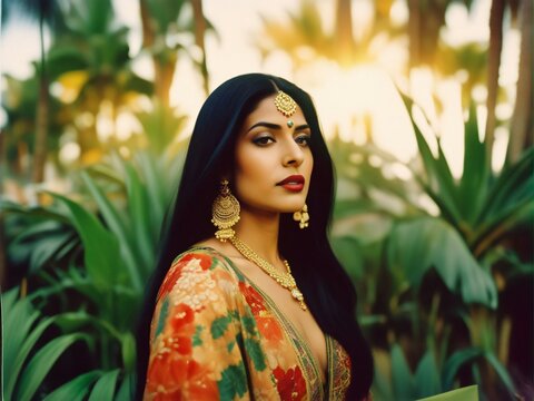 Beautiful Indian Woman Adorned in Classic Saree and Exquisite Gold Jewelry in the garden. Generative AI