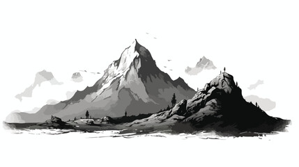 Traced sketch in black ink of a lonely mountain 