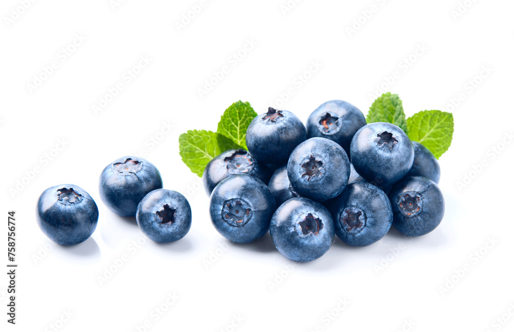 Wall mural Blueberries with mint on white background