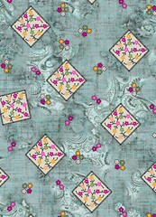 Antique surface floral seamless allover Pattern design, multicolor flowers with multicolor watercolor background texture.
