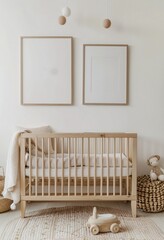 A Cozy Nursery with a Wooden Crib and White Sheets Generative AI - obrazy, fototapety, plakaty