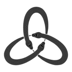 Vector tattoo design of three snakes biting each other's tails, forming a triquetra knot.  Isolated silhouette of triangular ouroboros symbol.