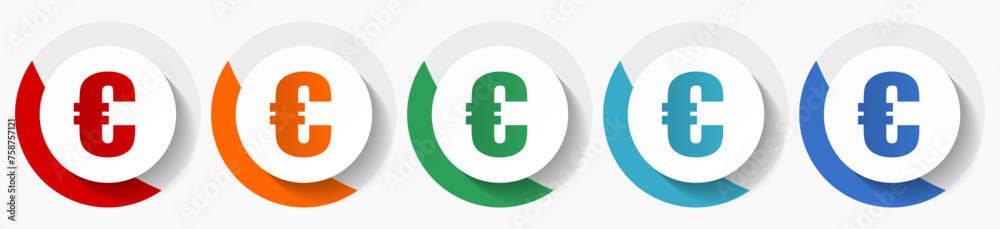 Poster euro vector icon set, flat icons for logo design, webdesign and mobile applications, colorful round 