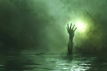 Foto op Plexiglas Glowing Green Hand Reaching Out of the Water A Creepy, Catchy Image for Halloween Month Generative AI © Riya