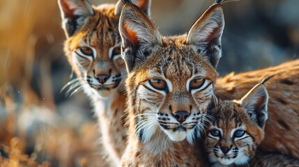 African golden cat and kitten portrait with empty space on the left for text placement
