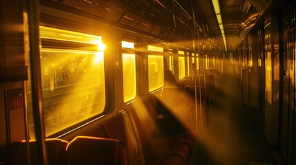 Słońce oświetla wnętrze pociągu przez okna, tworząc efektowny widok. Światło jest jaskrawe i stwarza ciekawe odbicia na powierzchniach wnętrza. - obrazy, fototapety, plakaty