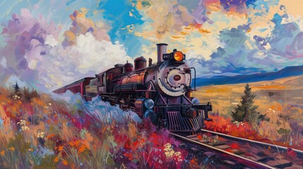 Obraz pociągu parowego na torze. Malowany farbami. Kolorowy