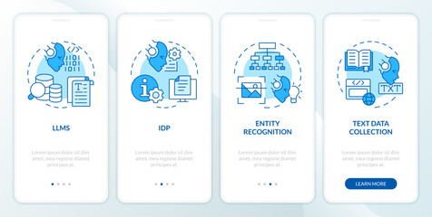 AI text processing blue onboarding mobile app screen. Walkthrough 4 steps editable graphic instructions with linear concepts. UI, UX, GUI template. Myriad Pro-Bold, Regular fonts used