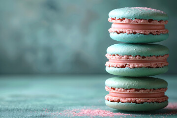 Realistic photograph of a complete stack of assorted macarons in pastel colours - obrazy, fototapety, plakaty