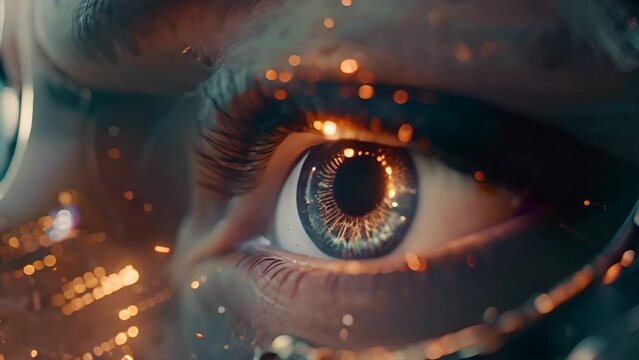 The Future of Vision: Close-Up of Eye with Smart Contact Lens and Biometric Implants for High-Tech Retina Scanning