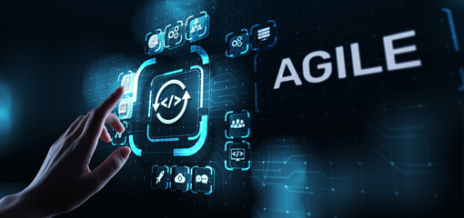 Agile development methodology concept on virtual screen. Technology concept.