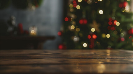 christmas table background with christmas tree out of focus.