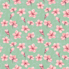 Pastel wild meadow floral seamless pattern on a mint background. Vector hand drawn illustration. Abstract artistic ditsy flowers and buds printing. Template for designs, textiles, fabric