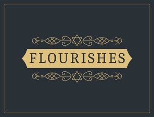 Flourishes calligraphic vintage ornamental background. Vector luxury invitation, restaurant menu or royalty certificate. Golden ornate page with swirls and vignettes elements