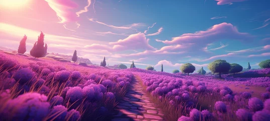 Poster Scenic summer sunset over a winding road amidst a blooming lavender field landscape © Aliaksandra