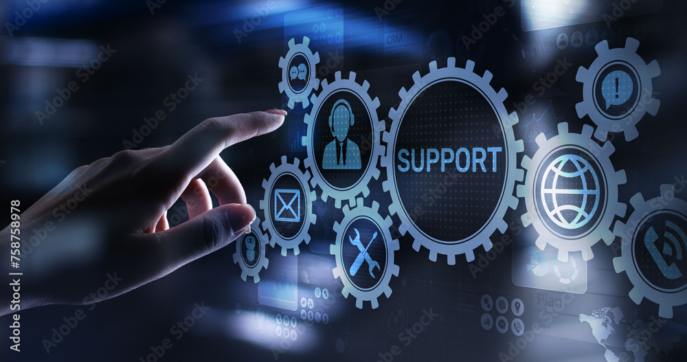 Poster Support button on virtual screen. Customer service and communication concept.