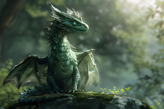 A post-produced digital illustration of a forest dragon with wings sitting on a stone in green woods.